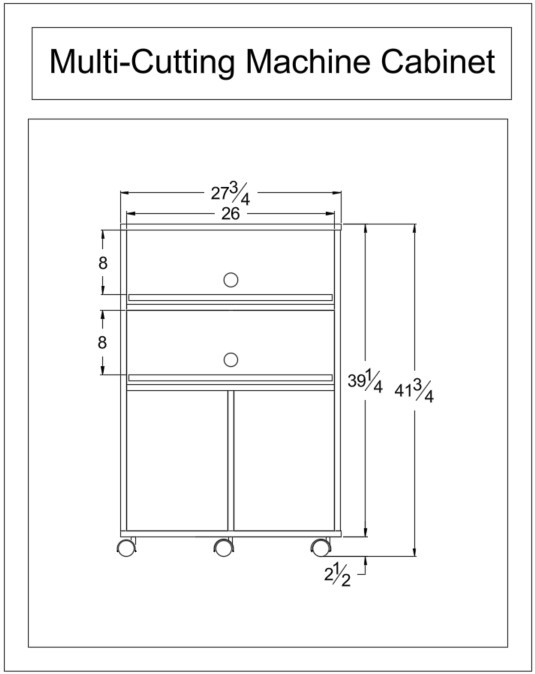 Dimensioned drawing of the BCO Multi-Cutting Machine Cabinet: 27¾ inches wide and 39¼ inches tall without a base, 41¾ inches tall with casters or legs, with two 26 by 8 inch cutting machine compartments