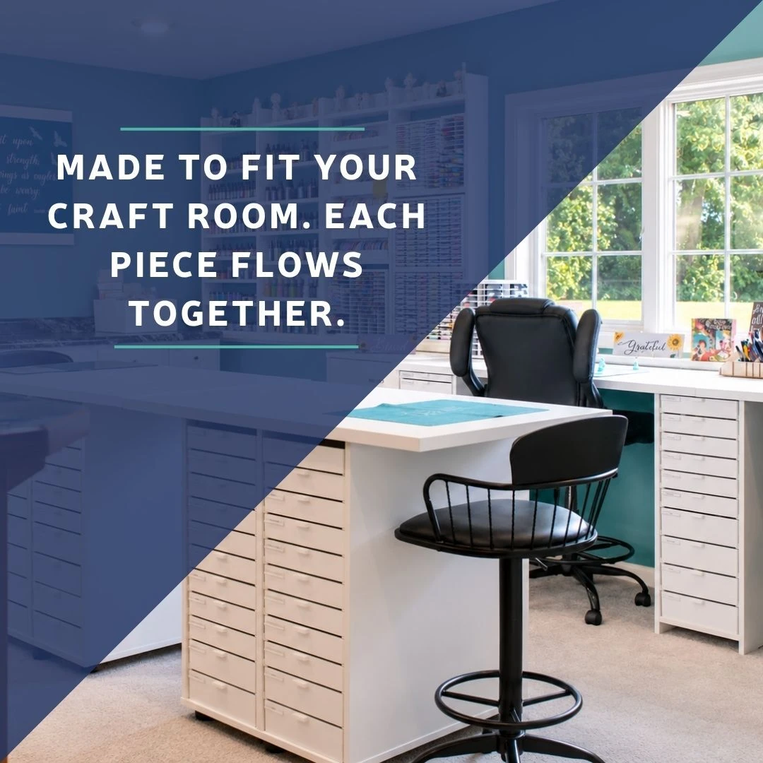 Modular Best Craft Organizer cabinets, desk, and island in different heights