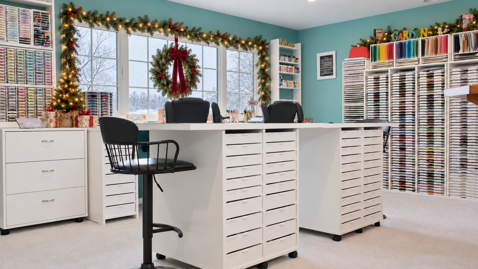 Craft island with drawers and storage cabinets