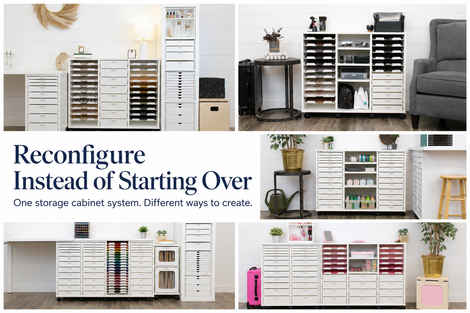 Best Craft Organizer drawers in different heights being rearranged inside a storage cabinet