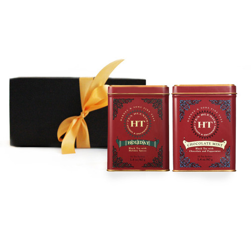 Harney & Sons Holiday Tea and Chocolate Mint teas are packaged in a beautiful, elegant box with a silken ribbon for the perfect gift this Holiday Season.