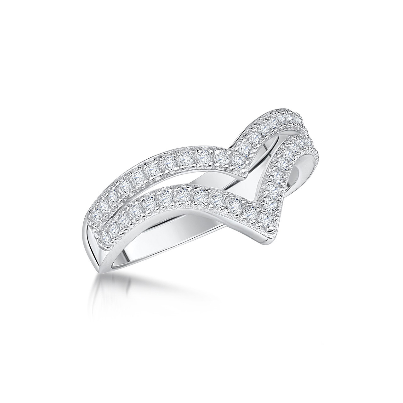 Sterling Silver Double Row Cubic Zirconia Wishbone Ring