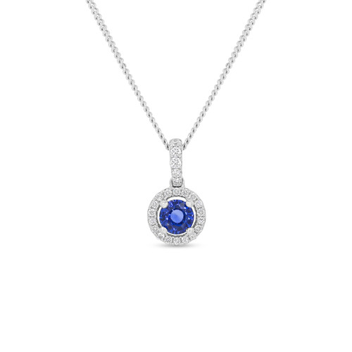 18ct White Gold Sapphire and Diamond Halo Pendant Necklace