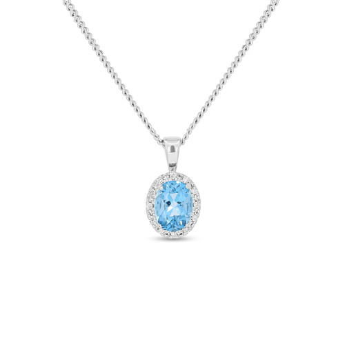9ct White Gold Oval Blue Topaz and Diamond Halo Necklace