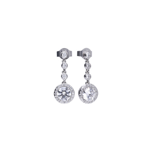 Sterling Silver Round Zirconia Halo Drop Earrings