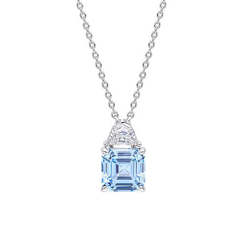 Sterling Silver Square Cut Aquamarine Blue Zirconia Necklace