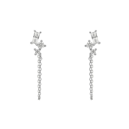 Sterling Silver Baguette and Round Chain Stud