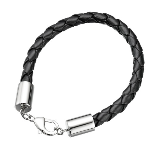 Stainless Steel Black Leather Plaited Bracelet
