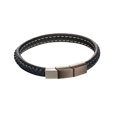 Fred Bennett Stainless Steel Plaited Navy Leather Bracelet