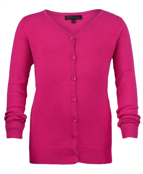 Girls Long Sleeve Fine Knit Cardigan in Cerise, Pink and Black