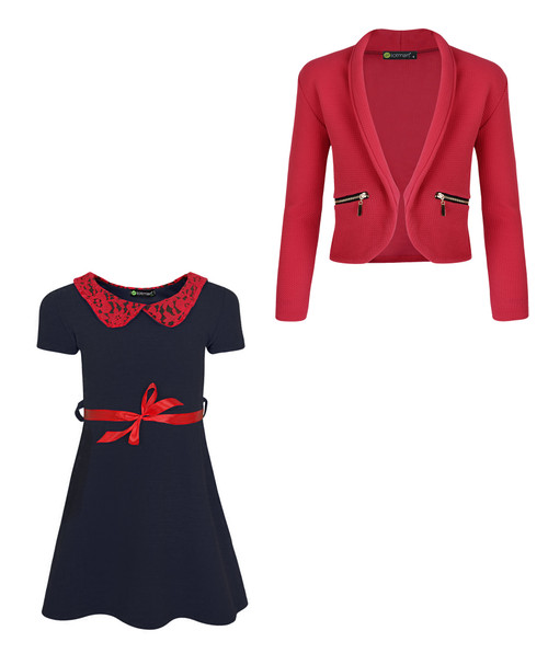 Girls Lace Collar Dress Bundle with Zip Pocket Blazer in Peach-Black, Navy-Red or Navy-White