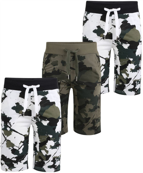 Boys Jersey Camouflage Print  Shorts (Pack of 3) in 2 White and 1 Khaki