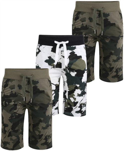 Boys Jersey Camouflage Print  Shorts (Pack of 3) in 2 Khaki and 1 White