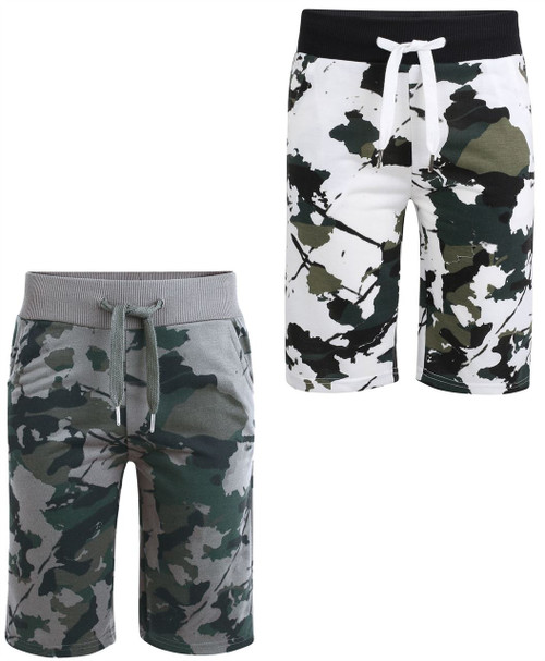 Boys Camo Print Jersey Shorts Bundle (Pack of 2) in White and Grey