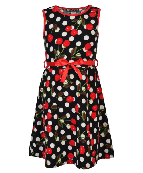 Girls Cherry Dot Print Summer Dress in Black and White