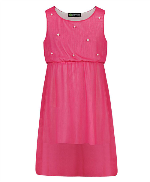 Girls Chiffon Pearl Detail Dress in Red and Cerise