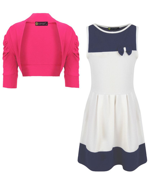 Girls Bow Dress and Cropped Shrug Bundle in White-Navy and Cerise