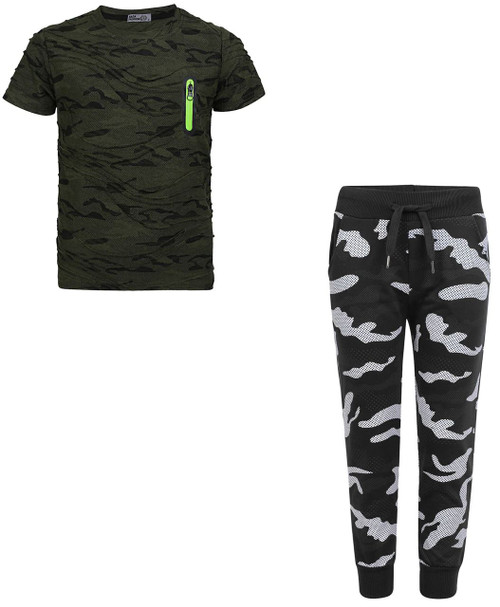 Boys Camo Dot Print T-Shirt and Trousers Bundle in Khaki and Black 