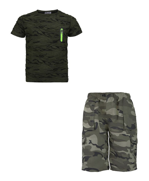 Boys Camo T-Shirt and Multipocket Shorts Bundle in Khaki