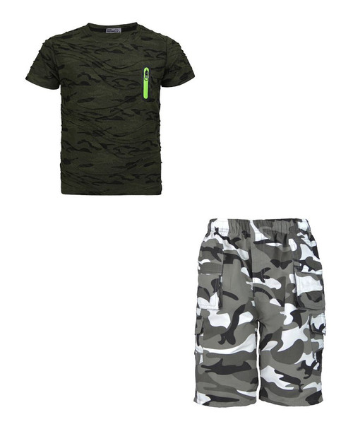 Boys Camo T-Shirt and Multipocket Shorts Bundle in Khaki and Grey