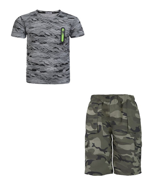 Boys Camo T-Shirt and Multipocket Shorts Bundle in Grey and Khaki