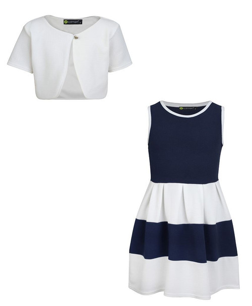 Girls Dress Bundle with Cropped Bolero in Navy and White