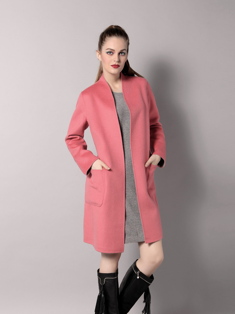 Pink/Grey Double Face Reversible Wool - Cashmere Coat