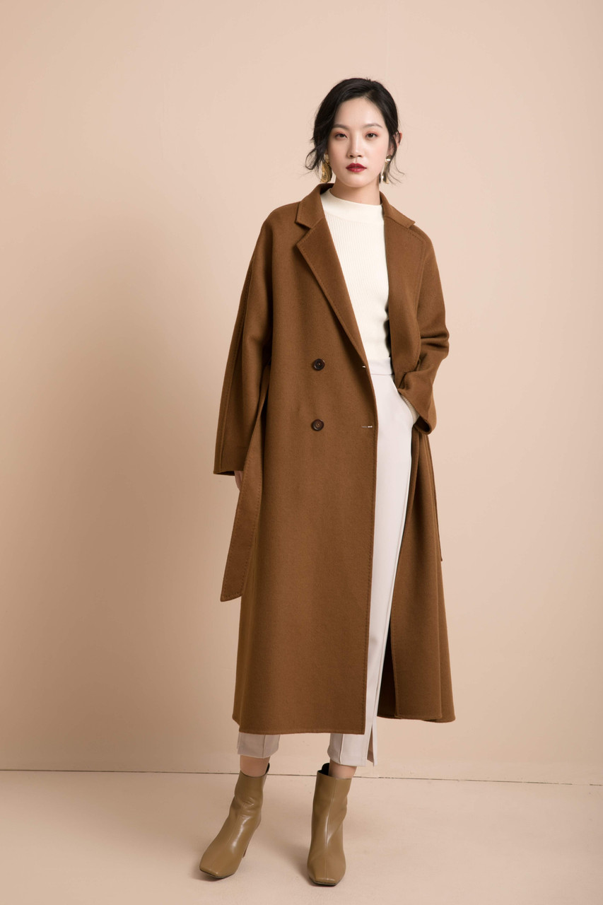 Double Faced Cognac Brown Double Breasted Belted Coat