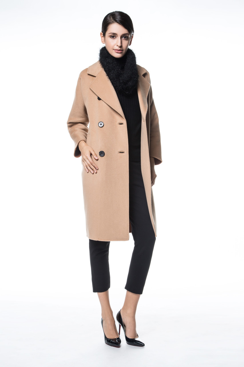 Double Breasted Wool & Cashmere Camel Coat - Lana Ricca