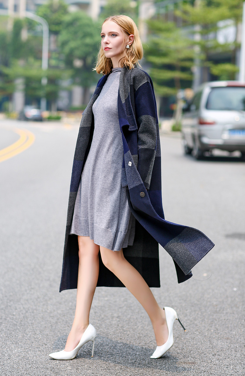 Double Face Navy Checkered Coat with High Low Collar