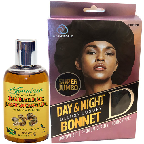 Fountain Real Black Black Jamaican castor oil for multi purpose healing and fast hair growth includes a super jumbo satin bonnet for protective styling and enhanced treatment absorption.