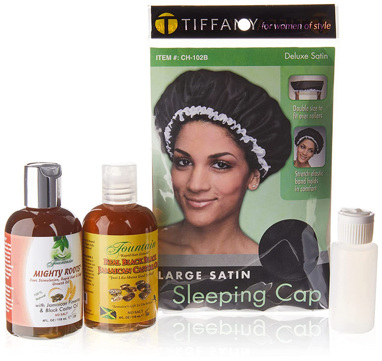 FOUNTAIN Mighty Roots is a damaged, receding hairline (missing edges), bald spot treatment and thinning hair oil. Typical causes include tight braids, cotton caps or scarves, wigs, weaves, heavy dreadlocks, chemical processing, hormonal imbalances, stress or age. Bundled with FOUNTAIN Real Black Black Jamaican Castor Oil, another effective hair treatment oil, eyelash growth serum, thickens sparse eyebrows, beards, is a skin moisturizer, softens calluses or corns and much more.