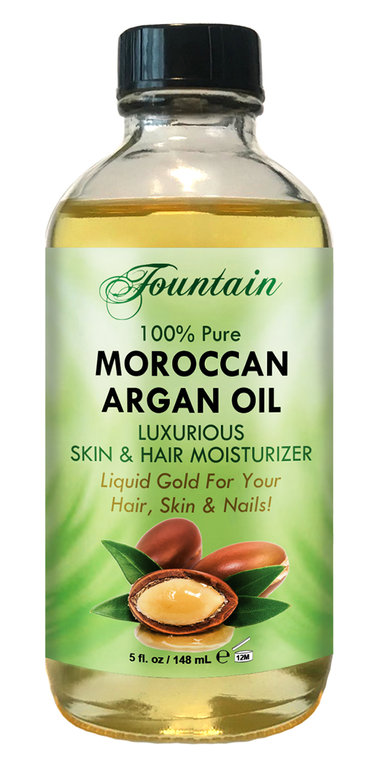 Fountain 100% Pure Organic Moroccan Argan Oil - front. Liquid Gold for healthy, strong hair, skin, nails. Reduce wrinkles.