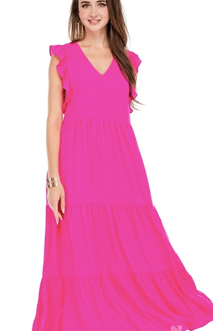 V-Neck Tier Maxi Dress in Hot Pink