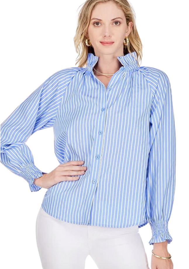 Ruffles Stand Collar Blouse in Blue Stripe 