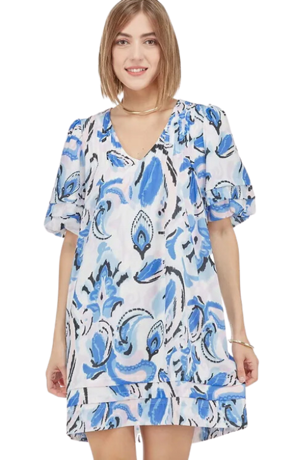 Pleated Puff Sleeve Dress in Summer Paisley