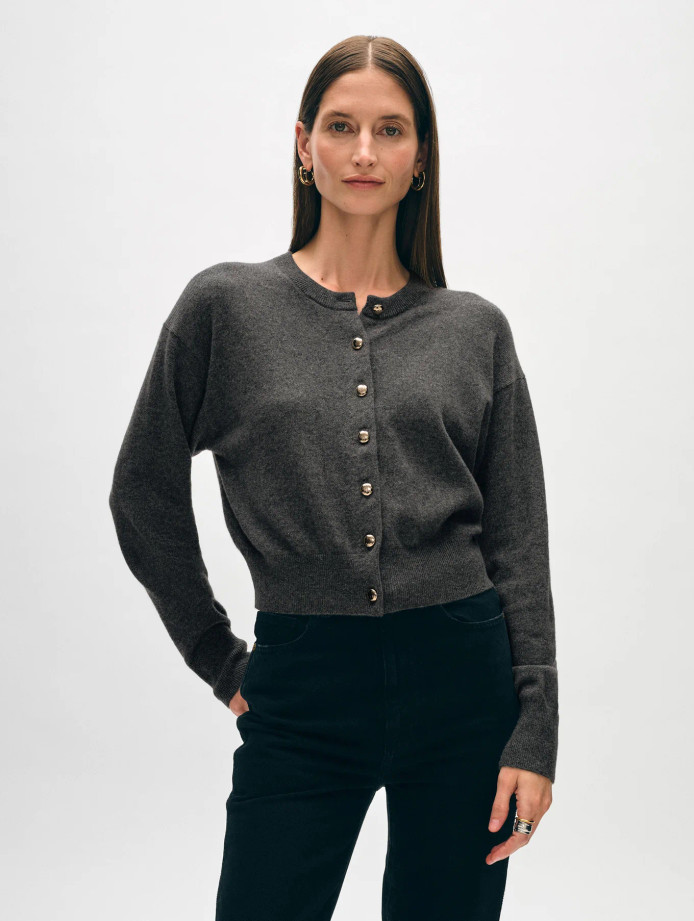 Cashmere Gold Button Cardigan - Graphite  Heather