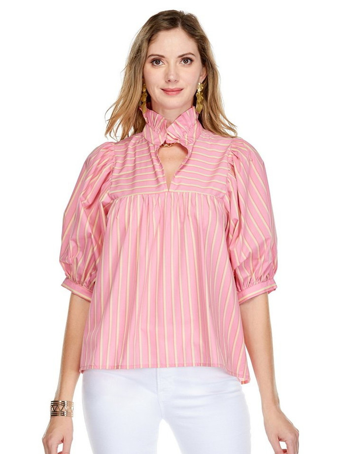 High Neck Puff Sleeve Top - Pink Stripe