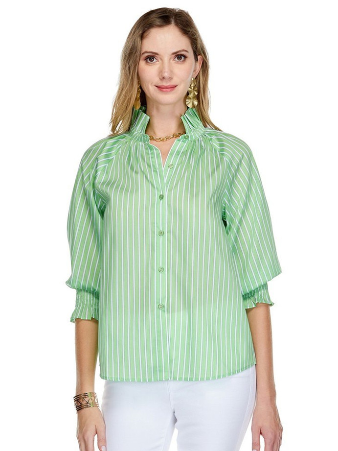 Gathers Neck 3/4 Sleeve Blouse - Green Stripe
