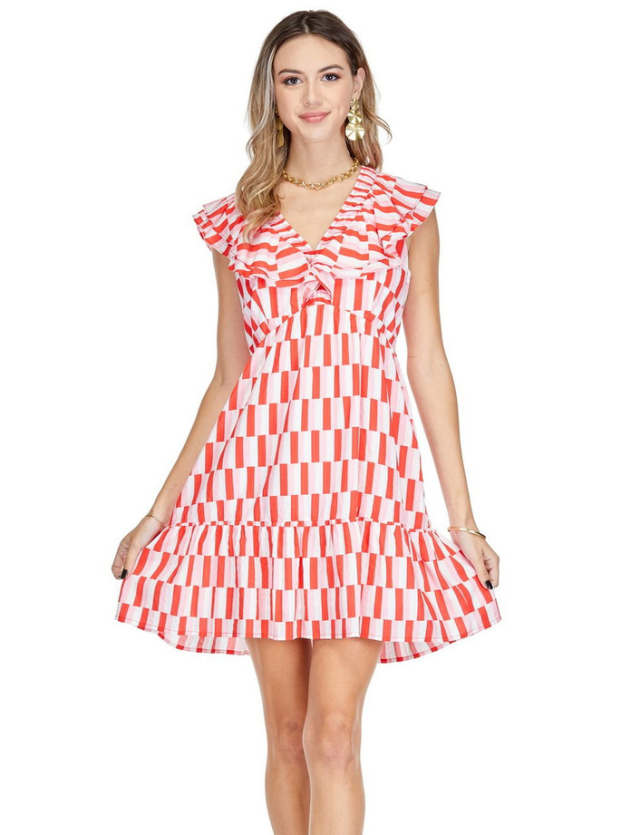 Ruched V-Neck Ruffles Dress - Red Medley