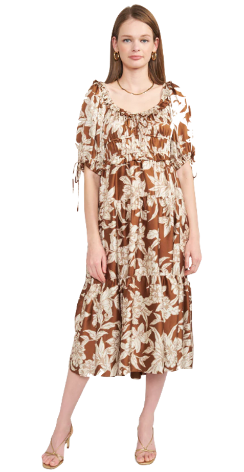 Satin Floral Print Midi Dress