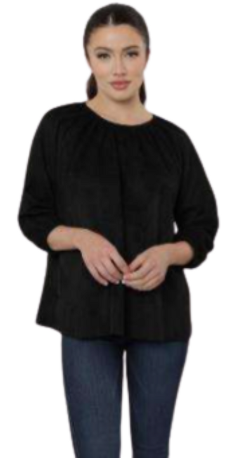 Faux Suede  Puff Sleeve Top  with Gathered Neckline