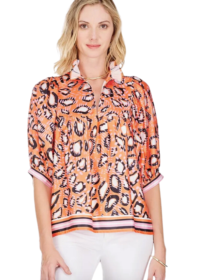 High Neck Puff Sleeve Top in Abstract Border 