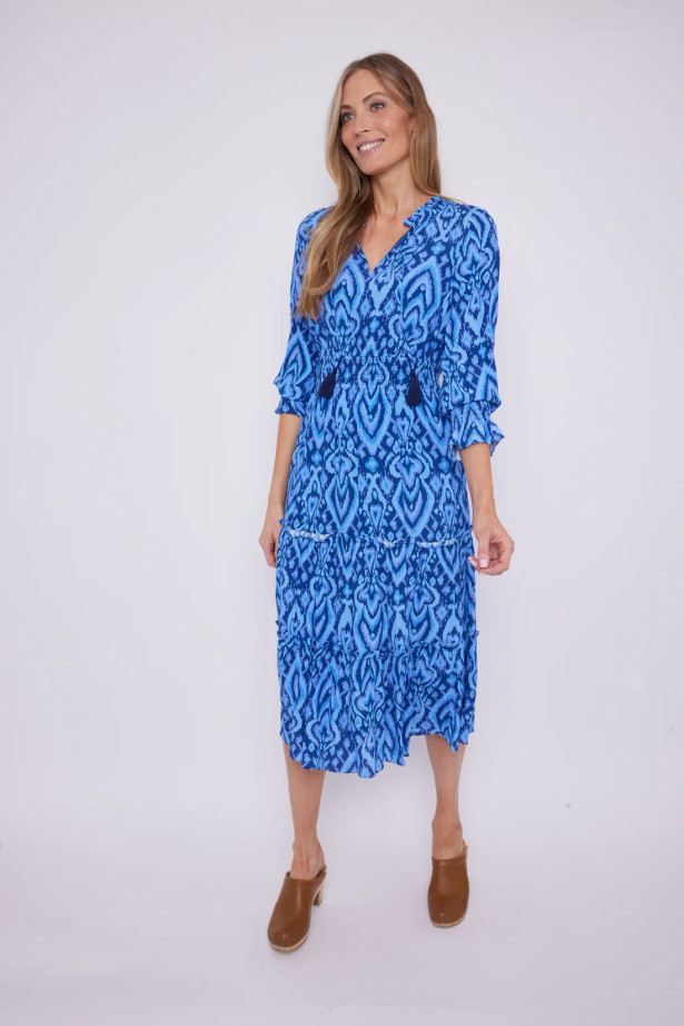 TS Smocked Waist Midi Dress with Tassels - Bikat Blue Print