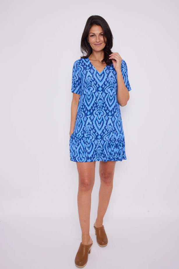 TS Short Sleeve V-Neck Pleated Dress - Bikat Blue Multi Print