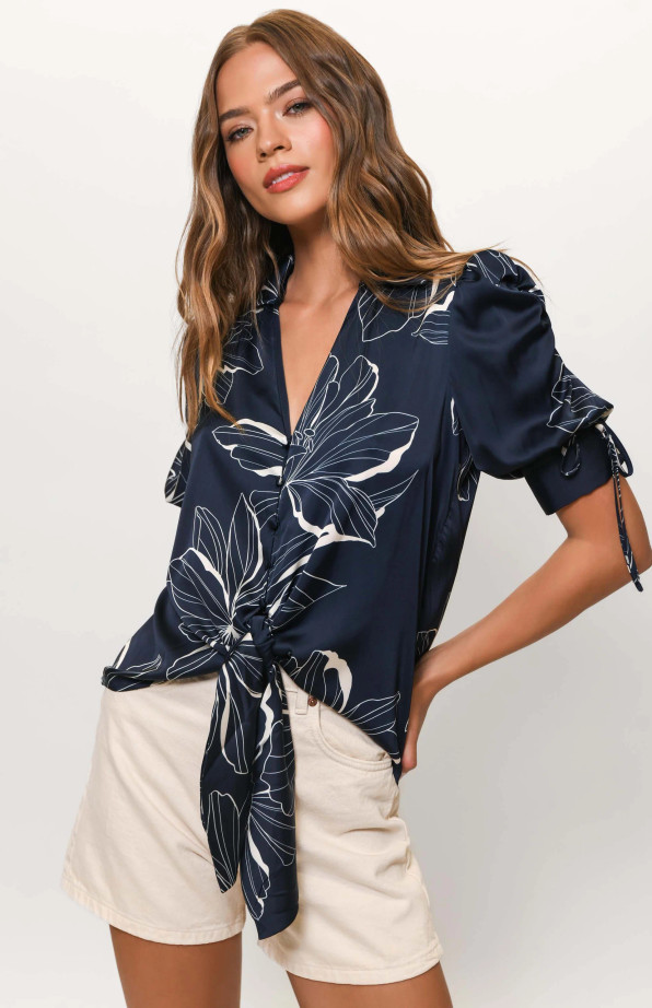 Kostas Top - Navy Two Tone Block Print