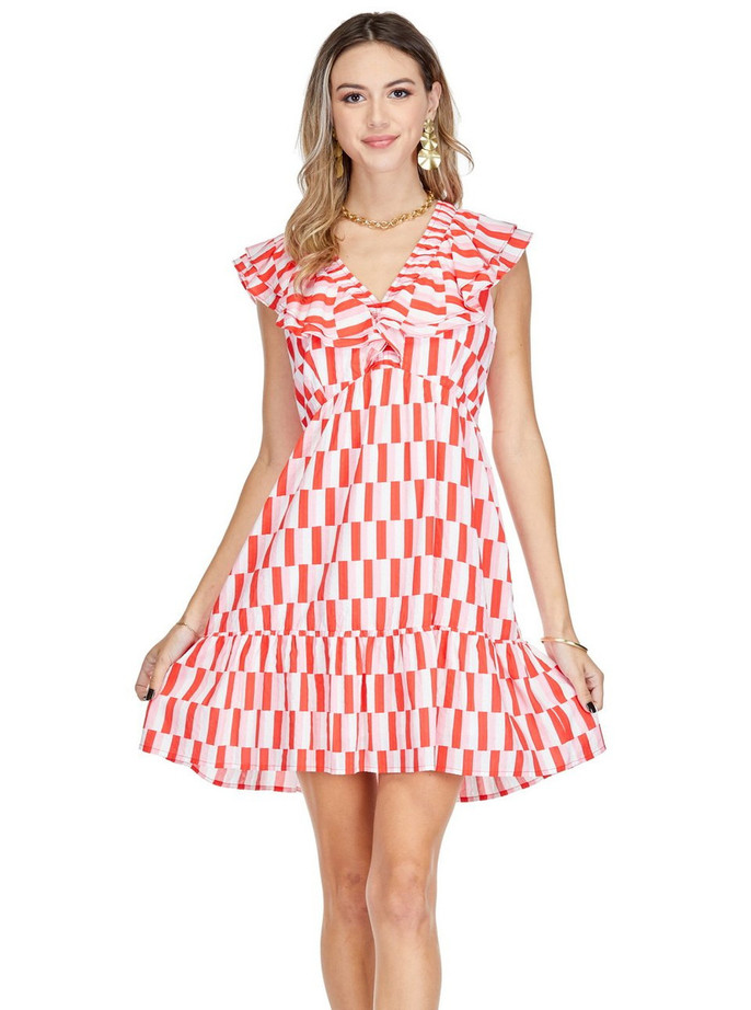 Ruched V-Neck Ruffles Dress - Red Medley