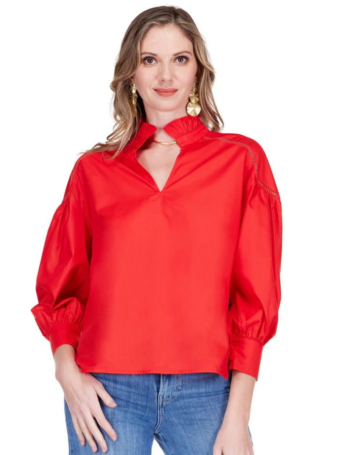 Split Stand Collar Trim Top - Red Split Stand Collar Trim Top - Red