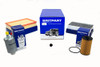 Britpart Engine Service Kit With Oil for Discovery 3 and Range Rover Sport 2.7 TdV6 (2004-2006) | DA6035, image of various engine service parts including oil filter, fuel filter, and oil container with packaging and boxes.