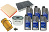 Britpart Diesel Engine Service Filter Kit With Engine Oil, Discovery 3 2.7 TDV6, showing multiple bottles of fully synthetic multigrade engine oil, air filter, oil filter, fuel filter, and related parts.